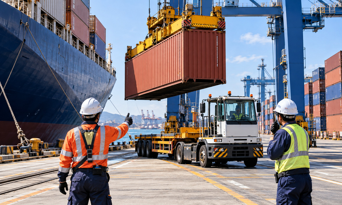 Dock workers coordinate a container transfer beside a cargo ship, quay crane and terminal tractor at a Japanese container terminal.