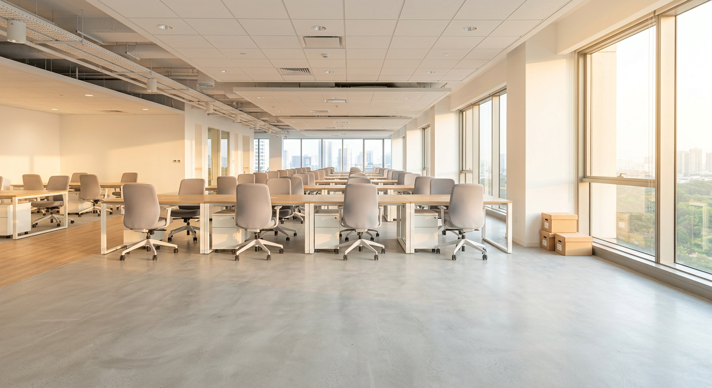Modern office with empty workstations.