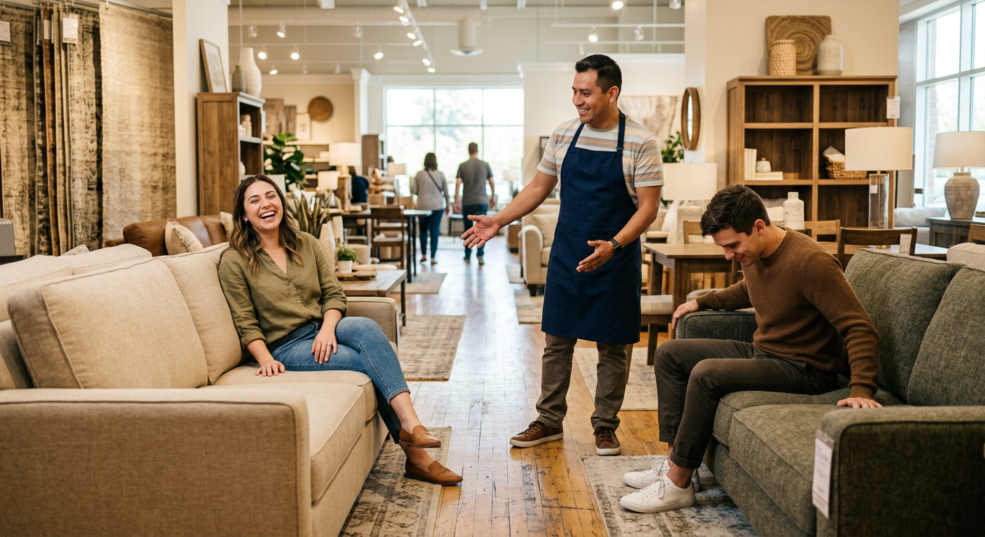 People shopping for furniture in store.