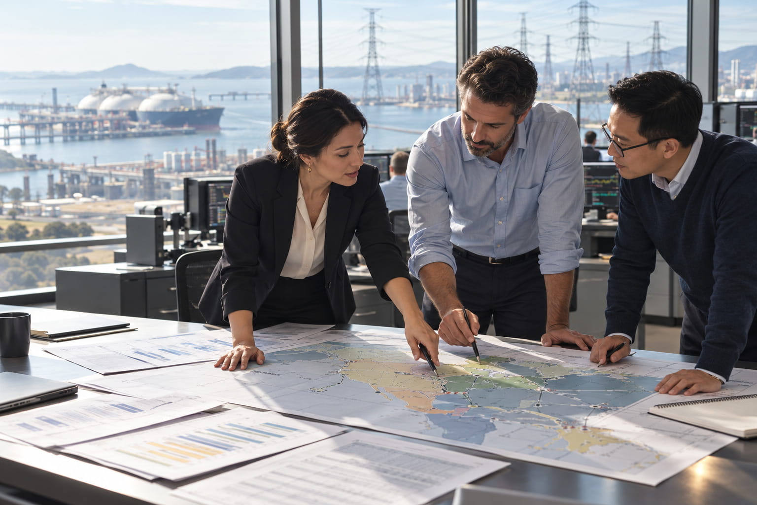 Energy trading professionals collaborate over a regional map, with a gas terminal and electricity transmission infrastructure in the background.