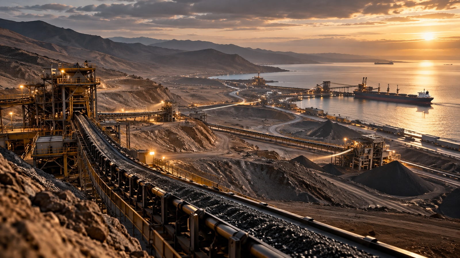 Panoramic view of a mining operation connected to a port terminal, featuring mineral conveyor systems, industrial infrastructure, and cargo vessels along the coastline.