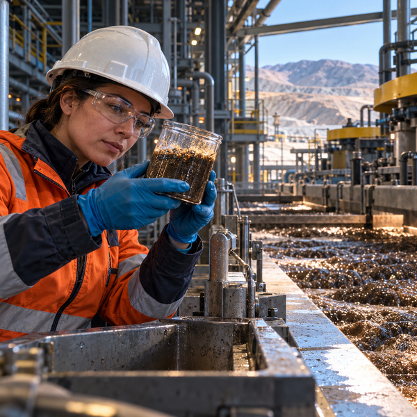 Plant metallurgist inspecting a concentrate sample beside operating flotation cells at a copper concentrator.