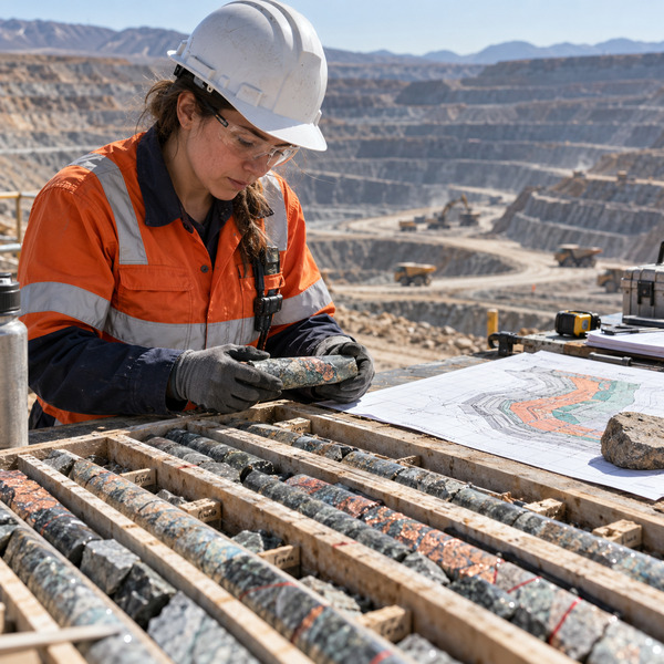 Geologist examines drill core samples and a mine plan overlooking an active open-pit operation.