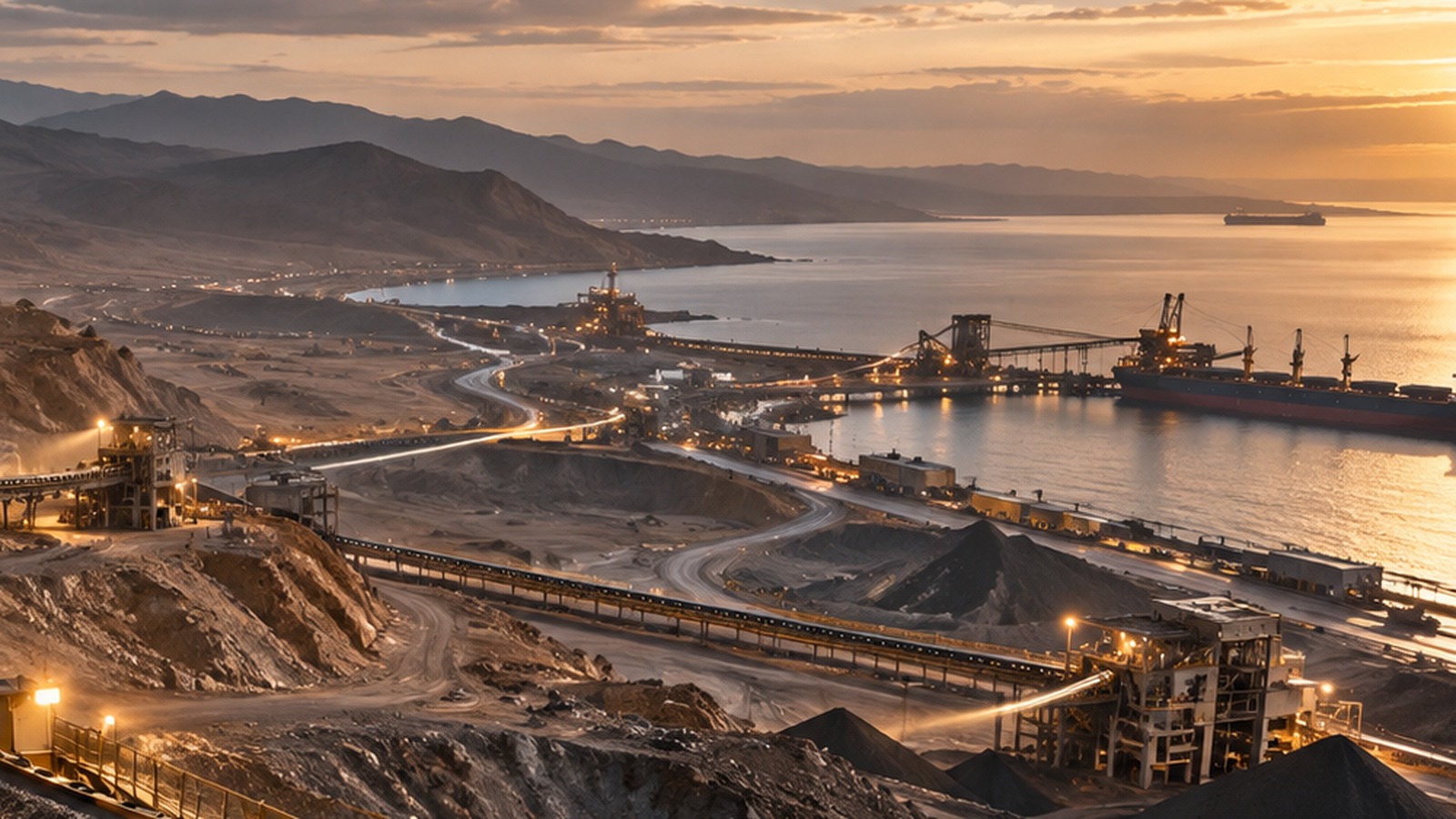 Panoramic view of a large coastal mining and export facility at sunset, featuring conveyor belts, industrial processing plants, stockpiles of mined material, cargo ships docked at a port, and winding transport roads set against a mountainous shoreline.