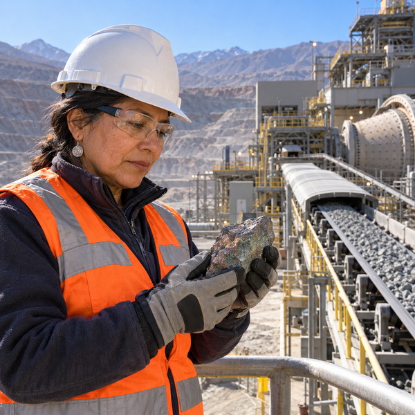 Mining specialist examines an ore sample beside a conveyor and grinding plant in an Andean copper mine.