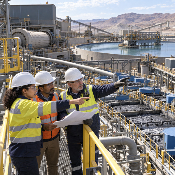 Three mining professionals review plant operations from a platform overlooking grinding, flotation and water infrastructure.