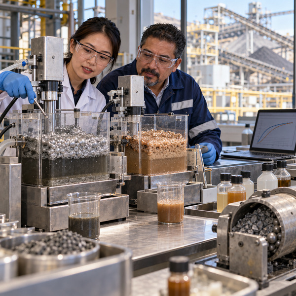 Two metallurgists compare ore slurry responses using pilot flotation equipment in a mineral-processing laboratory.
