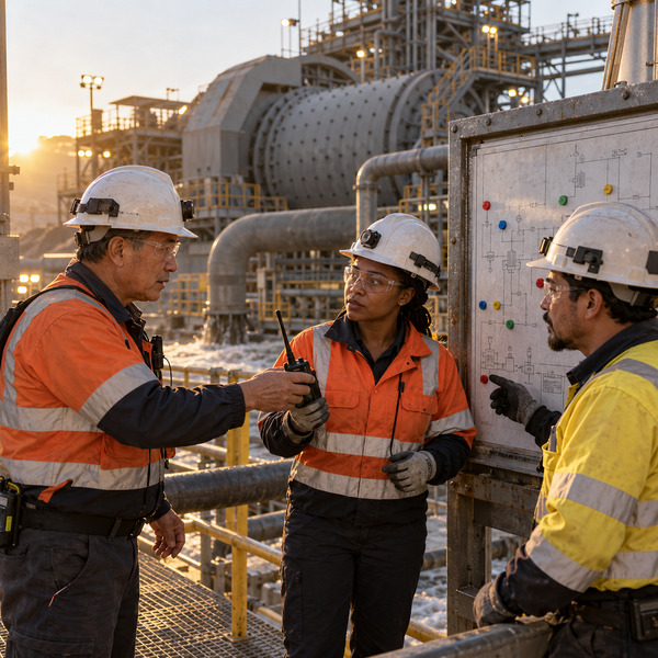 Three plant specialists coordinate beside an operational process board during a shift handover at a grinding facility.
