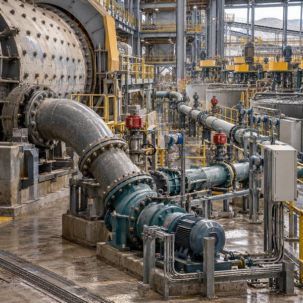 Connected pumps, valves and pipelines carry material from a grinding mill toward downstream processing equipment.