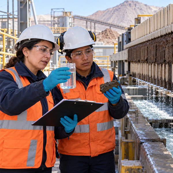 Two mining specialists inspect water and filter-cake samples beside filtration and water-recovery infrastructure.