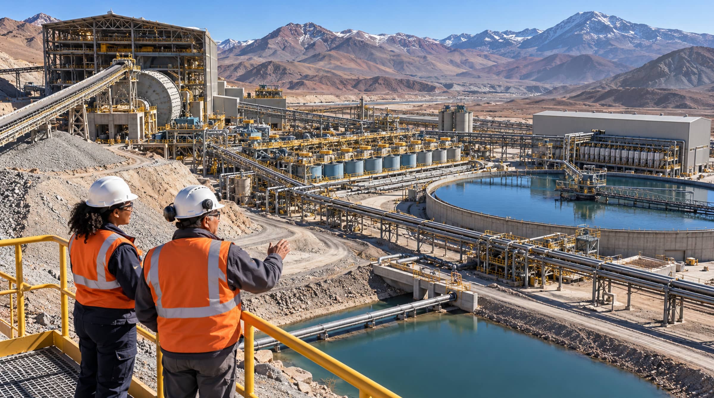 Two mining professionals overlook an Andean concentrator connecting grinding, flotation, thickening, filtration and water systems.