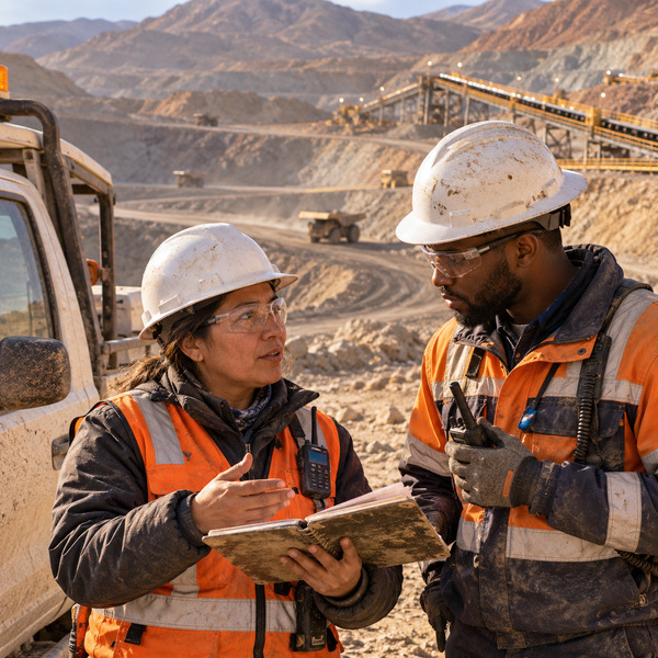 Two mining professionals document an operational decision beside an open-pit mine.
