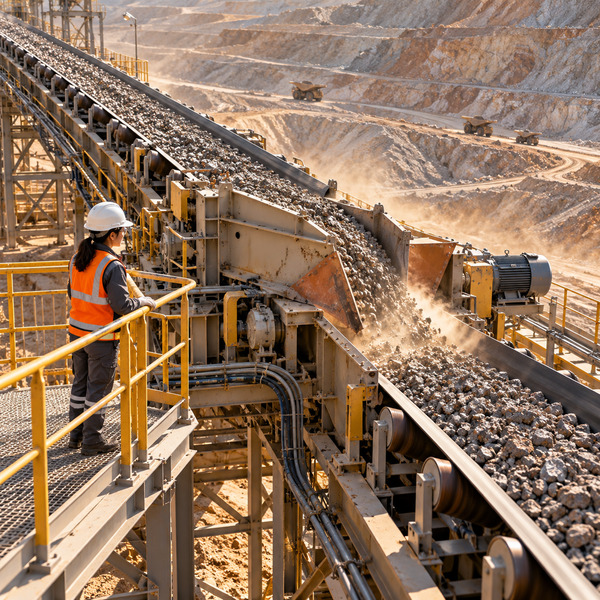 A field engineer observes ore moving through a conveyor junction after an operational route change.
