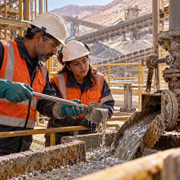 Two mining professionals examine a process sample to assess the downstream result of an intervention.