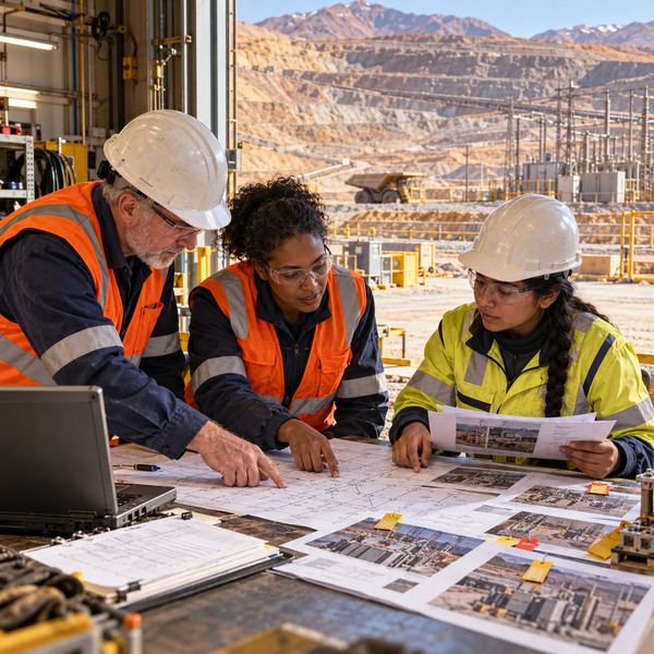 A cross-generational mining team reviews operational records and equipment evidence beside an open-pit mine.
