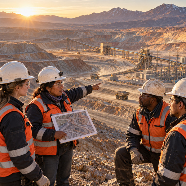 A mining crew receives a field briefing based on previous operational decisions and conditions.