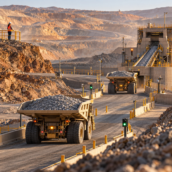Haul trucks follow controlled routes toward a crusher while a safety observer maintains human oversight.