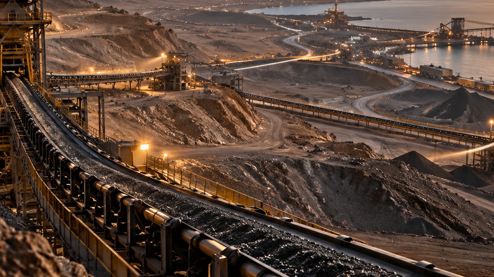 A panoramic view of a large-scale mining operation at dusk, featuring extensive conveyor belt systems transporting extracted material across rugged terrain. Illuminated industrial infrastructure, winding haul roads, and processing facilities extend toward a coastal port area, highlighting the connectivity and complexity of the mining value chain from extraction to export.