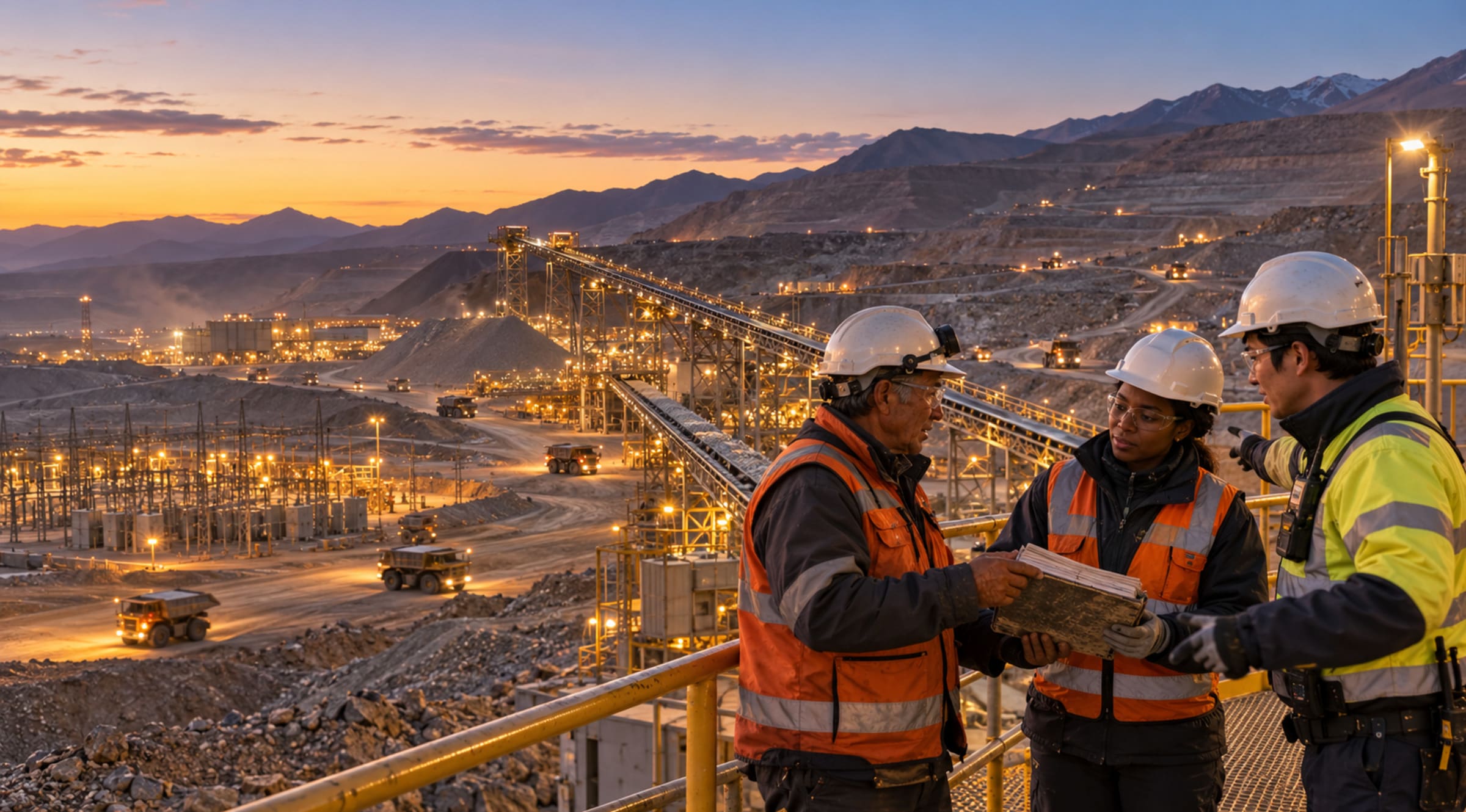 An outgoing supervisor transfers a decision log to the incoming team above an active copper mine at shift change.