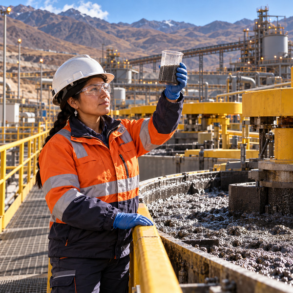 A metallurgical engineer inspects a flotation sample beside active processing cells at a high-altitude copper mine
