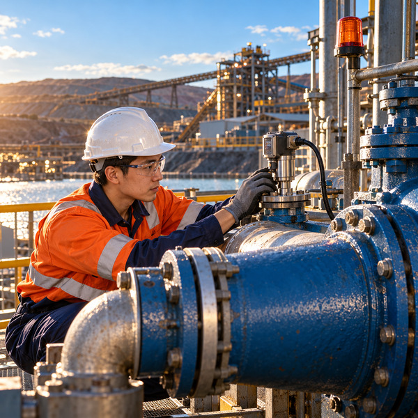 An instrumentation technician checks a sensor on a pump manifold at a copper mine water station.