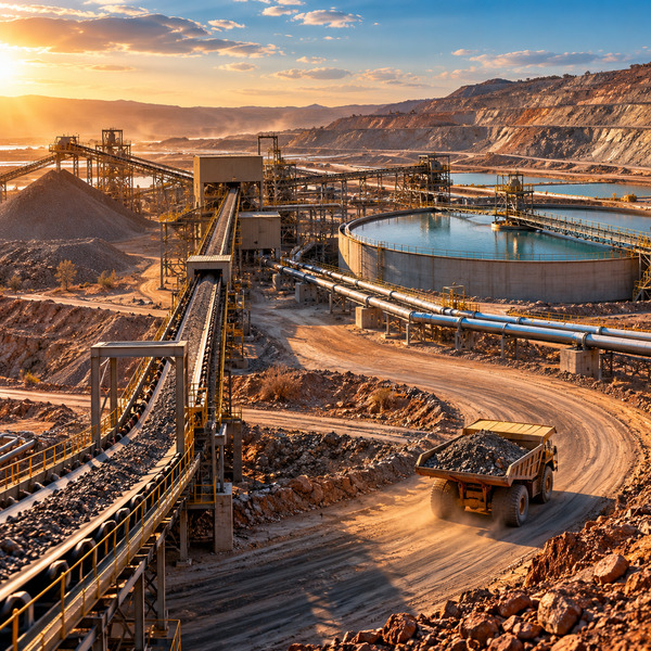 Elevated view of a haul truck, ore conveyors, water pipelines, a thickener and open-pit benches at a copper mine.