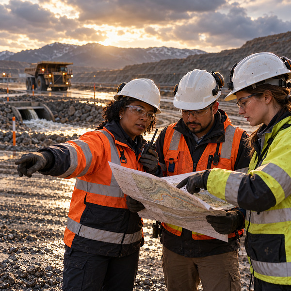 Three mining specialists coordinate a localized response using a site map beside an active haul road.
