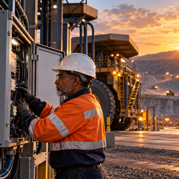 An automation technician checks an edge-control cabinet beside a haul truck in an open-pit mine.