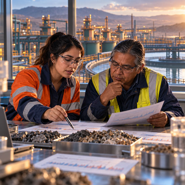 Two mining specialists compare operational records and ore samples with the processing plant visible behind them.