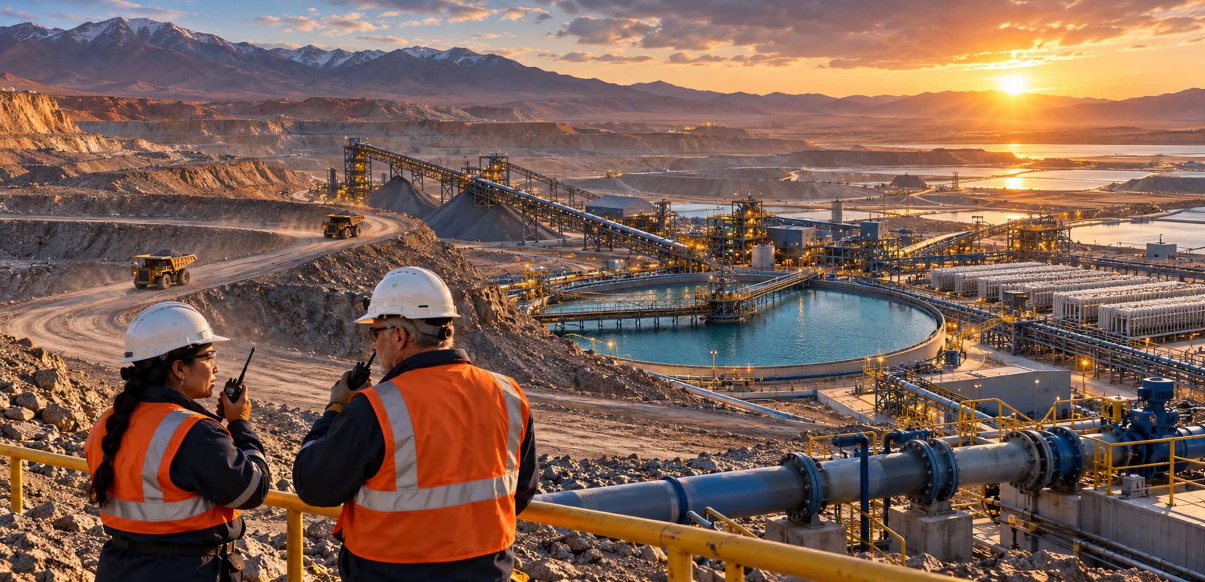 Two mine operators overlook haul roads, conveyors, pumping, flotation, thickening and filtration across an integrated copper mine.