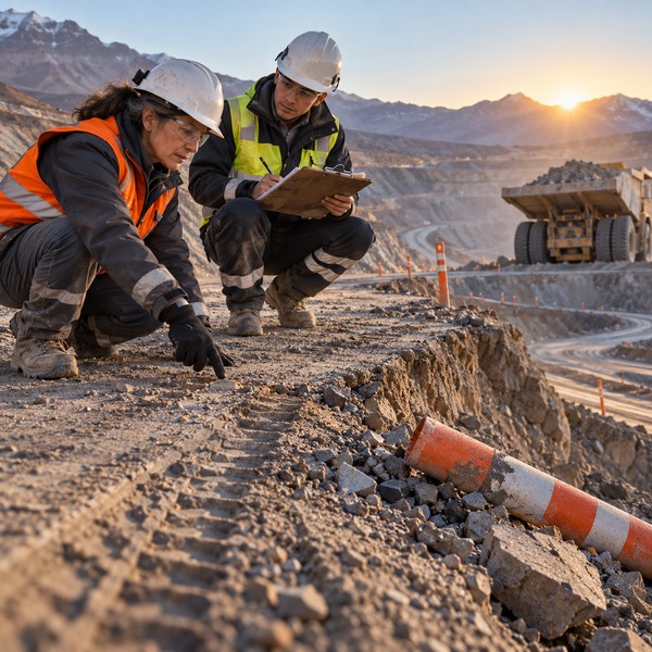 Mining professionals examine physical evidence beside an interrupted haul route, tracing the sequence of events that led to the disruption.