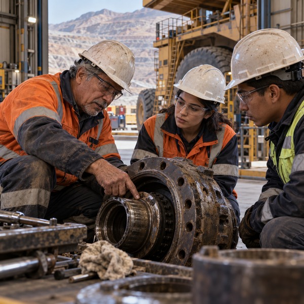 A maintenance specialist explains a mechanical finding to colleagues gathered around a haul-truck component in a mining workshop.