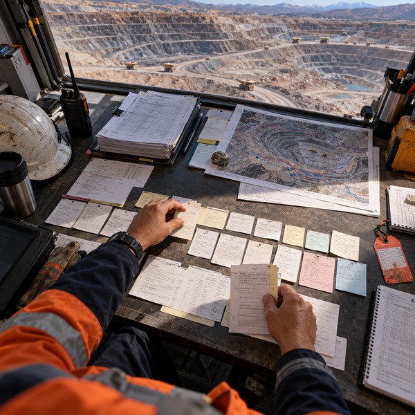 Operational records, dispatch documents and a mine route map are arranged into a timeline overlooking an open-pit operation.