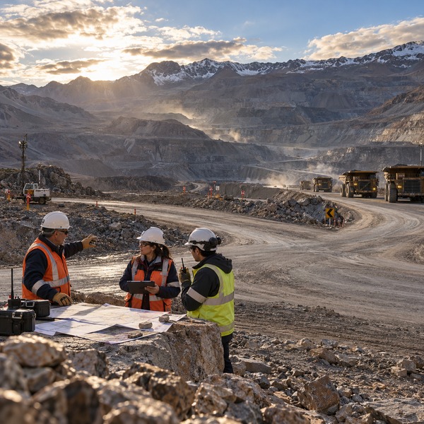 A cross-functional field team coordinates a safe reroute at a high-altitude mine while haul trucks wait in the distance.