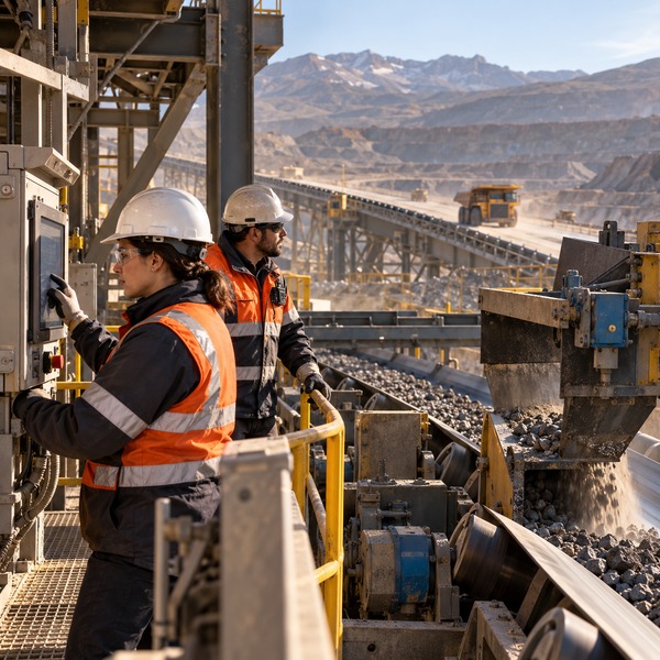 Mining operators verify a rerouting action at a conveyor transfer station, connecting an operational decision with equipment in motion.
