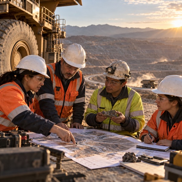 Mining professionals review a route map and incident records beside a haul truck, capturing lessons from an operational response.
