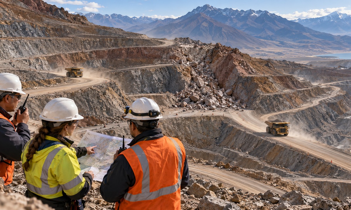An operational response team surveys a blocked mine route as haul trucks follow alternative paths through the open pit.