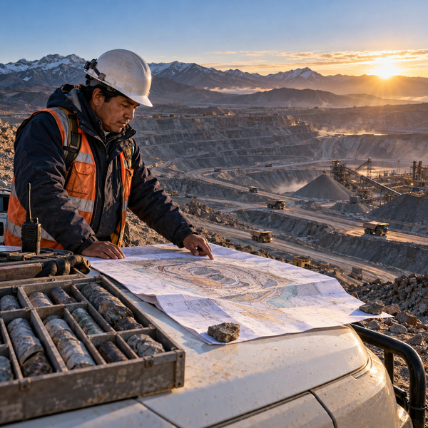 Mine planner reviews a printed plan beside core samples, with haul roads, stockpiles and processing infrastructure visible across the open pit.