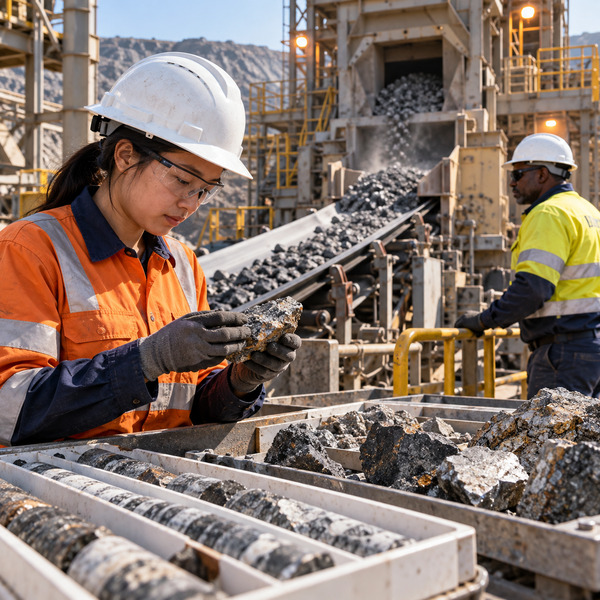 Geologist examines ore samples beside an active conveyor and primary crusher while a process operator monitors material flow.