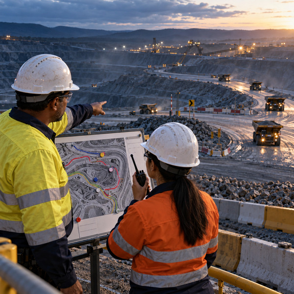 Two mine professionals compare a physical route board with changing haul-road conditions and active trucks in the pit.