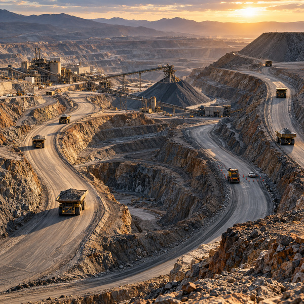 Elevated view of a terraced open-pit mine with haul trucks moving along several routes toward processing and material storage areas.