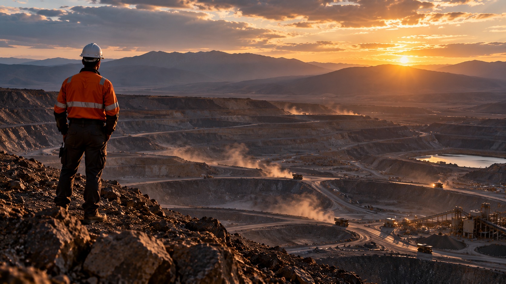 A mining professional wearing high-visibility safety gear and a hard hat stands on a rocky overlook, observing a large open-pit mine at sunrise. The expansive mining site features terraced excavation levels, haul roads, heavy mining equipment, and dust clouds illuminated by warm golden light, with mountain ranges visible in the background.