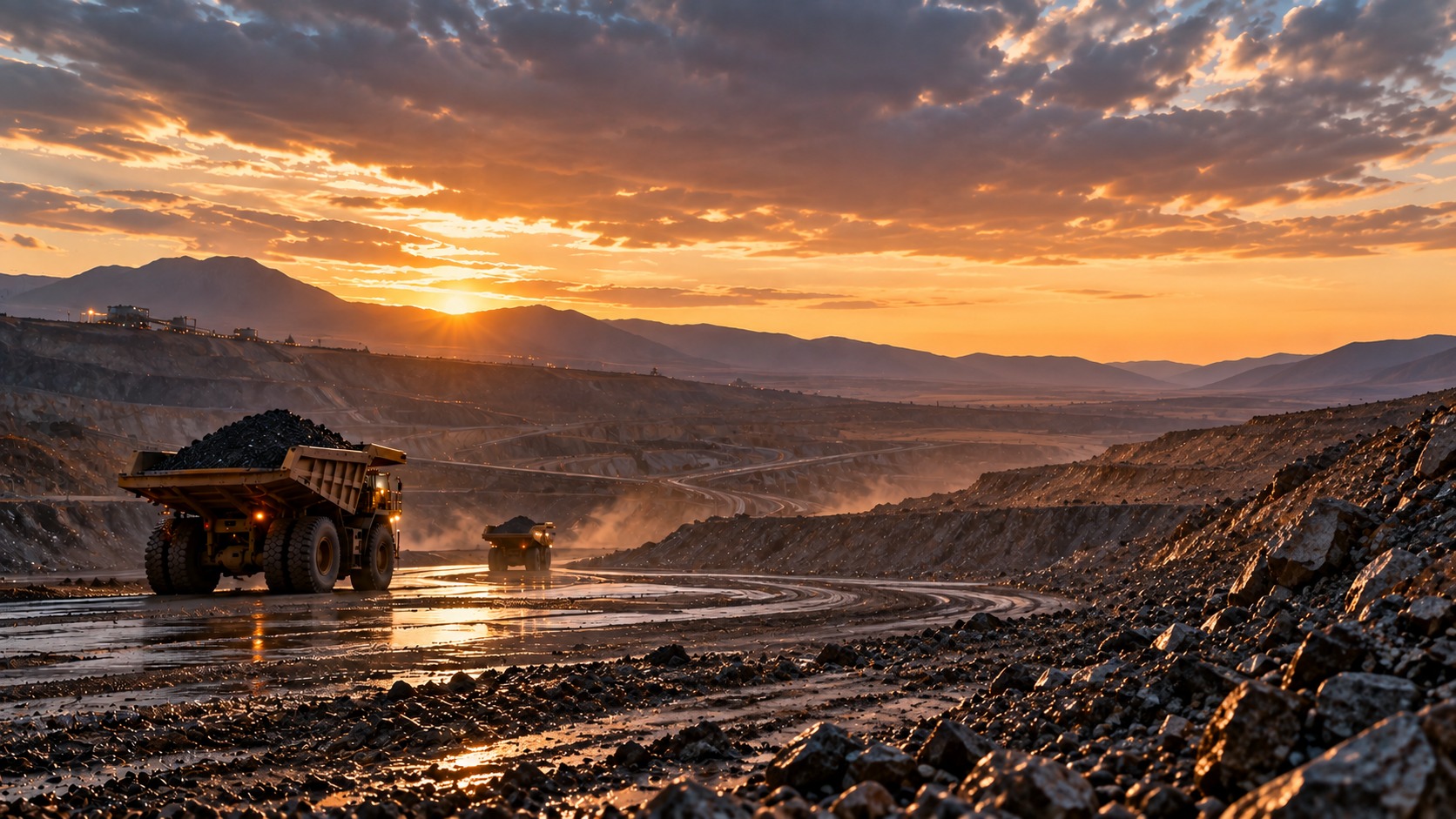 Large haul trucks transport mined material along winding roads within an open-pit mining operation at sunset. The scene features terraced mine benches, rugged rocky terrain, dust rising from active routes, and distant mountain ranges illuminated by golden light, highlighting the scale and complexity of modern mining operations.