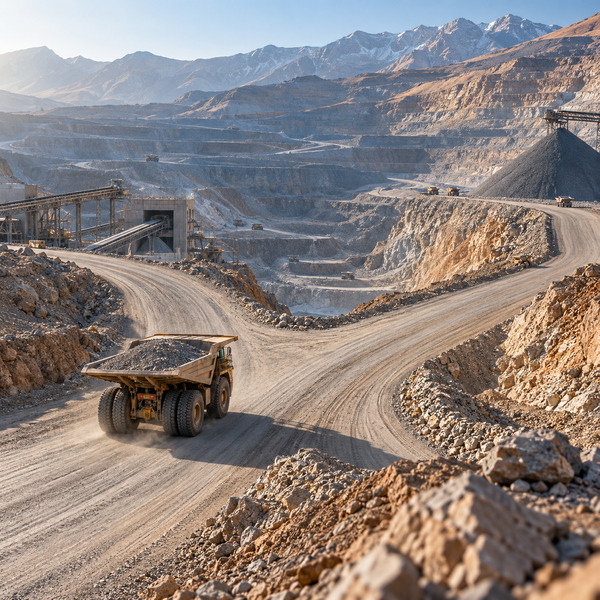 A haul truck approaches a fork in an open-pit mine, with the crusher and ore stockpile routes still available.