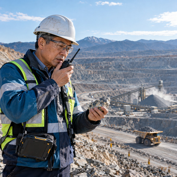 A mine geologist compares an ore sample while receiving a radio call above an active open pit.