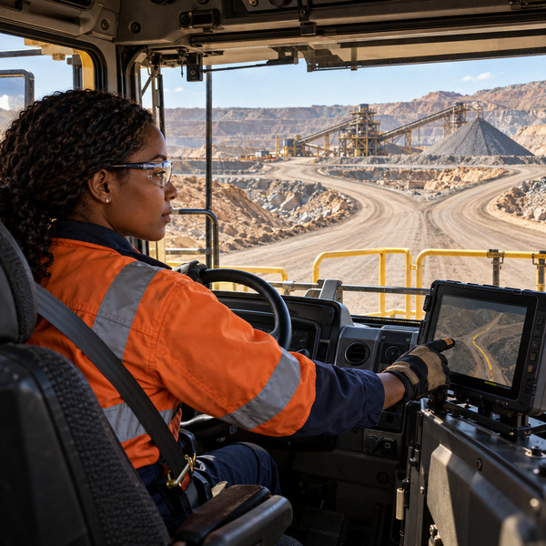 Inside a haul-truck cab, an operator acknowledges a route change as the crusher and stockpile roads branch ahead.