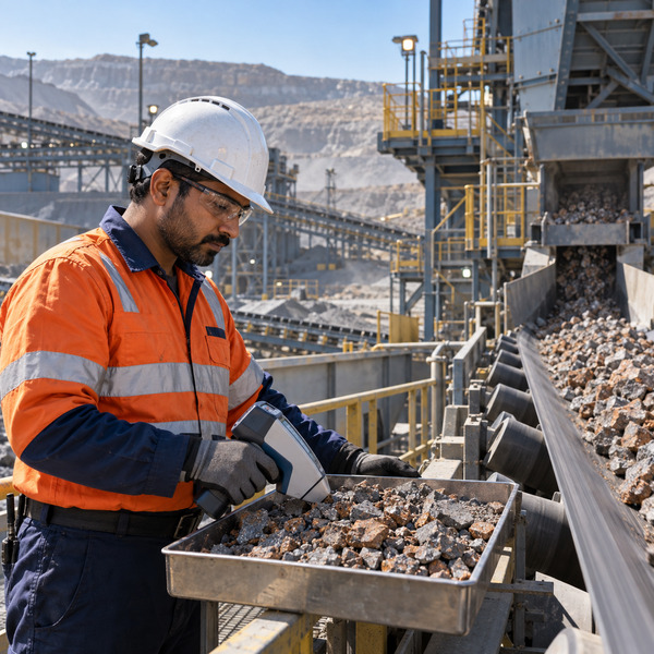 A metallurgist measures a crushed-ore sample beside the live crusher-feed conveyor to verify the operating response.
