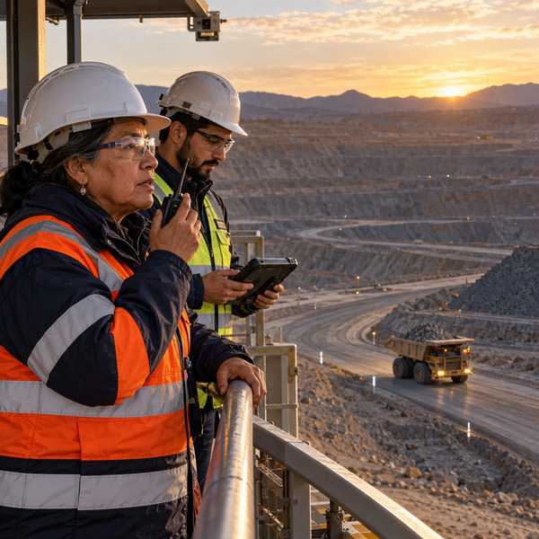 Two mining professionals supervise an autonomous haul truck from a protected platform above the active route.