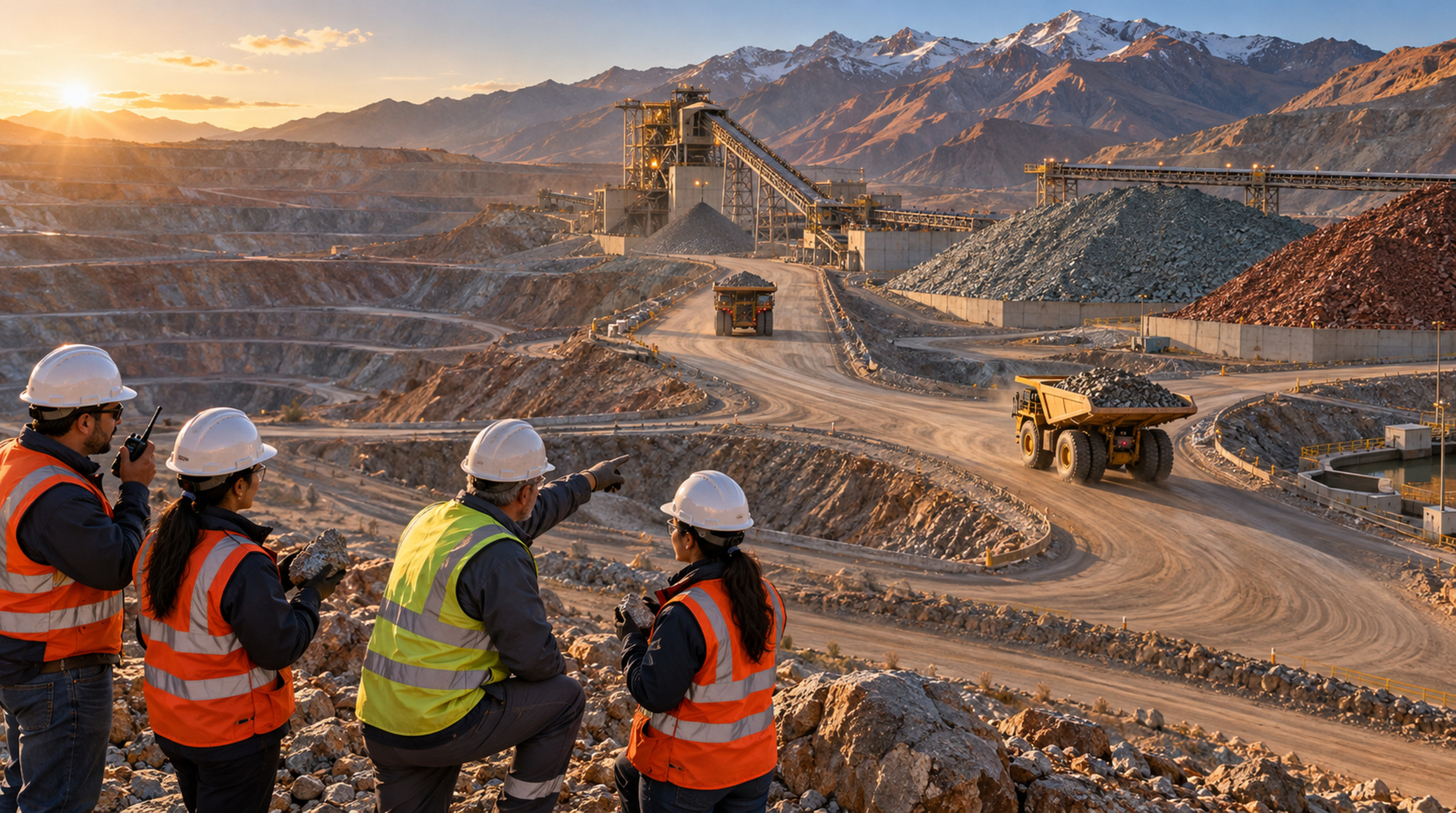 Haul trucks take different branches toward the crusher and ore stockpiles as a mine team observes the live material flow.