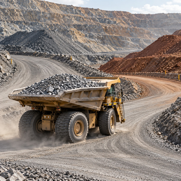 A loaded haul truck takes one branch of a road surrounded by mine benches and mineral stockpiles.
